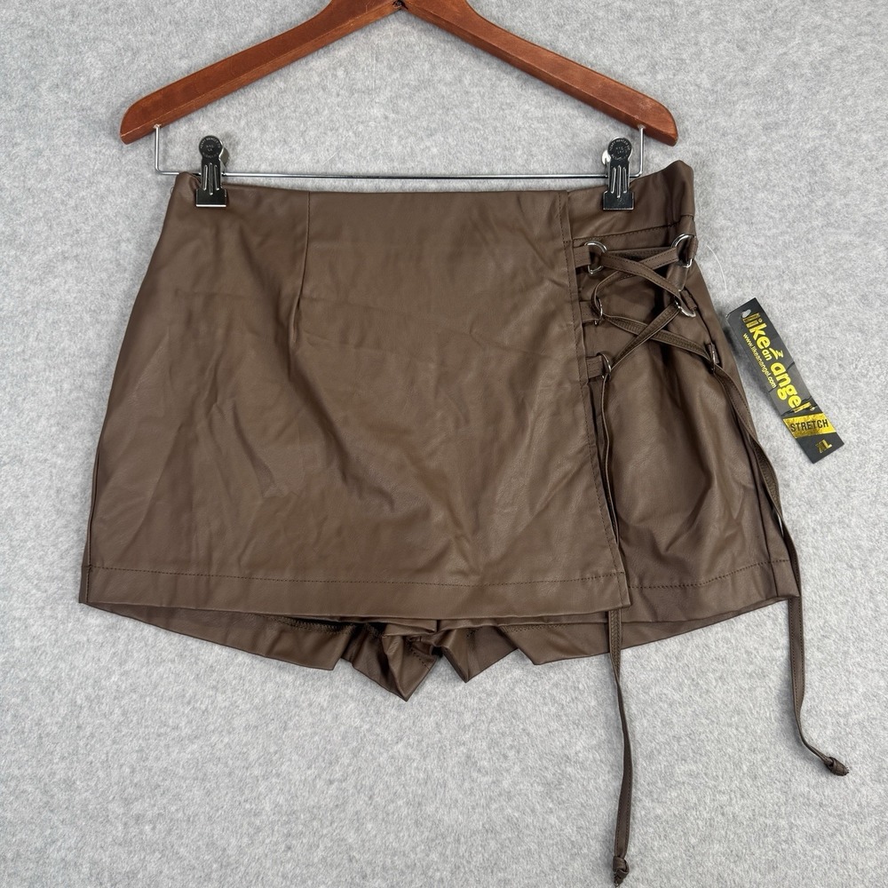Like An Angel NWT Faux Leather Skort Lace-Up Shorts Brown Stretch XL Y2k Bratz